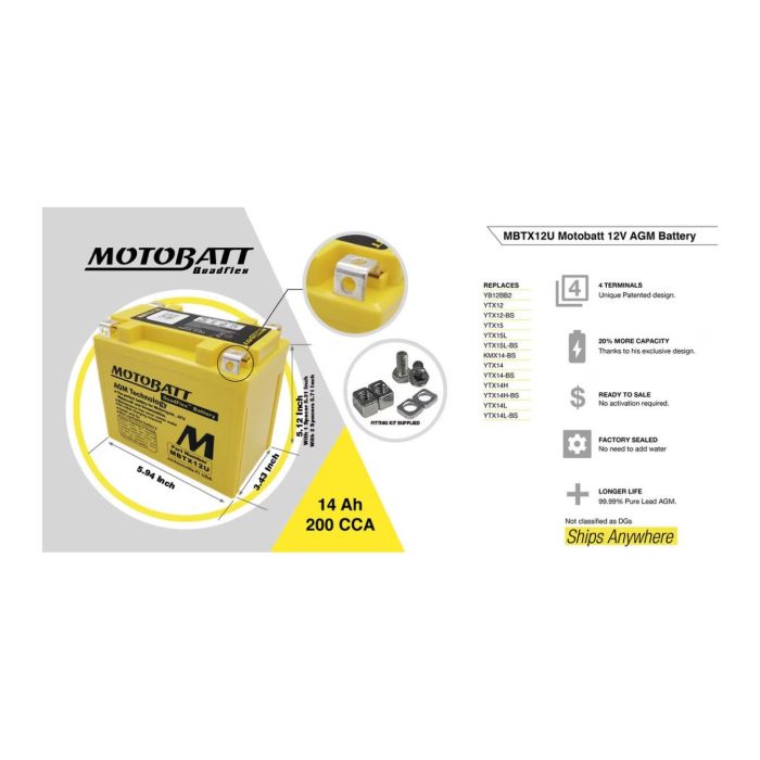 Batteria Potenziata Agm Motobatt 14 Ah Mbtx12u